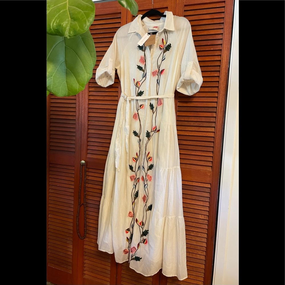 Anthropologie Cream Maxi Dress with Floral Embroidery